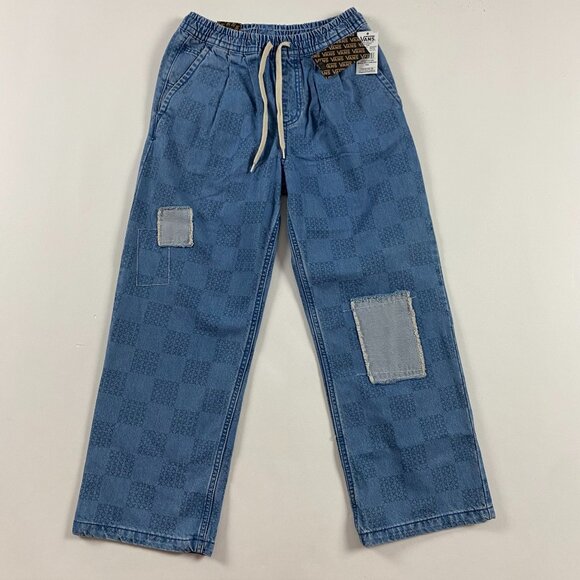 NWT Vans Jeans Womens XS Mended Check Relaxed Cropped Denim Range Elastic Cotton - Picture 1 of 12